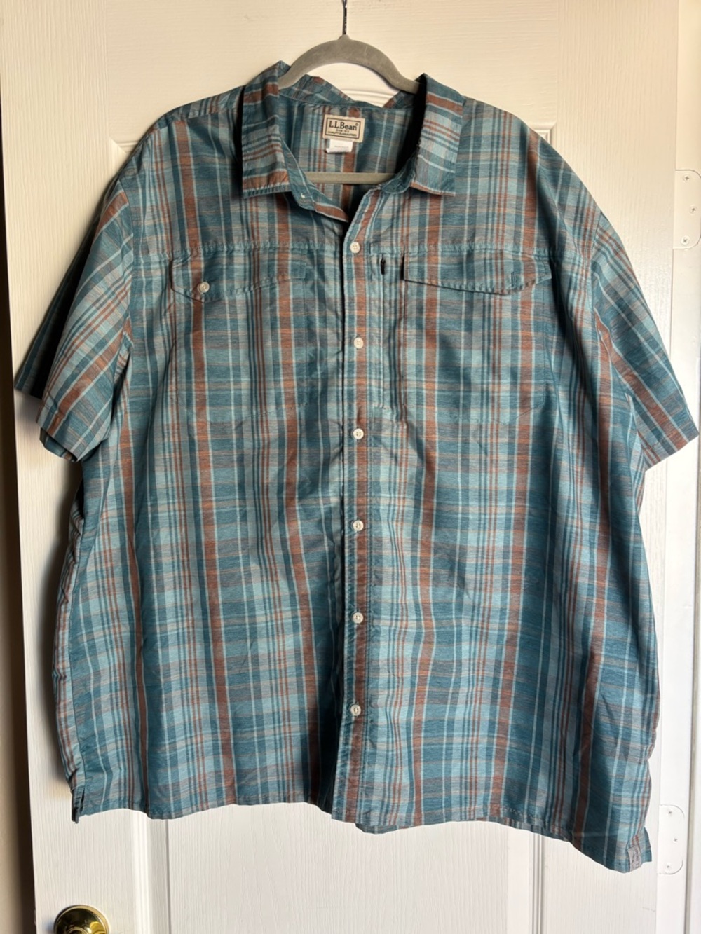L.L. Bean Shirt Men's XXXL Blue Plaid SunSmart UV Cool Weave Woven Short Sleeve